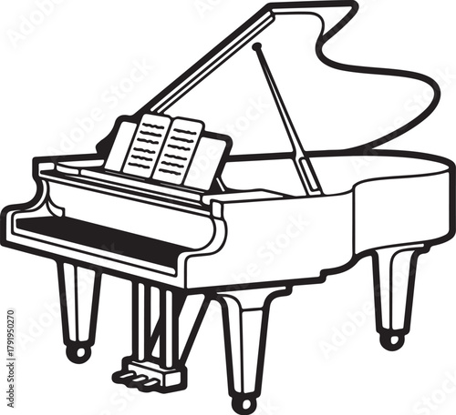 Grand piano line art drawing with music sheet vector illustration