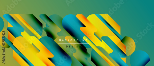 Abstract geometric shapes overlap, creating vibrant color gradients. Teal background complements yellow, orange hues. Modern design element.