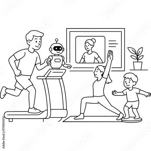 Healthy lifestyle concept. Father, mother, child and robot. Simple line art for coloring book or icon. Home fitness vector graphic.