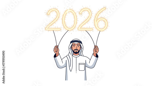 A Glimpse into the Future: A man, dressed in traditional attire, joyfully holds up the year 2026, creating an atmosphere of anticipation and optimism for future events.