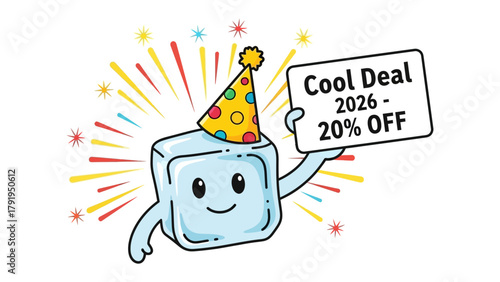 Party Time with a Cool Deal: A charming, animated ice cube joyfully celebrates with a party hat and a sign advertising a fantastic 20% off promotion.
