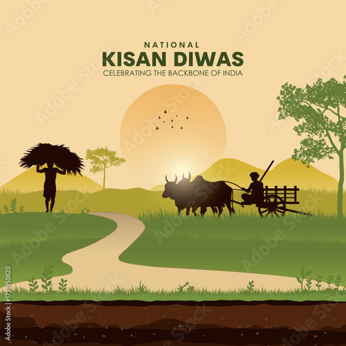 Happy Kisan Diwas 23 december with farmer farming silhouette vector illustration village background for a social media creative post template.	