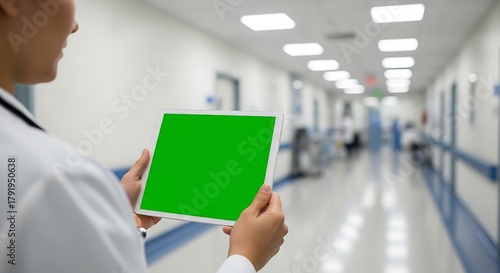 Medical professional holding digital tablet with green screen in hospital hallway