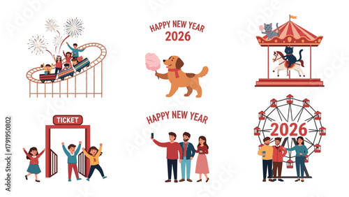 New Year's Celebration Fun: A collection of joyful illustrations depicting diverse people celebrating the New Year in various festive scenes, including roller coasters, amusement park rides.