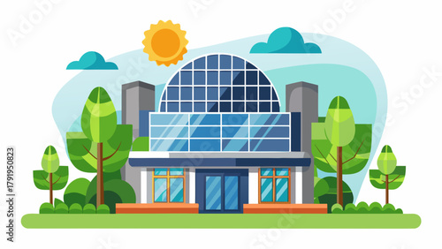 Illustration of a building with a dome roof surrounded by trees and a sunny sky landscape view