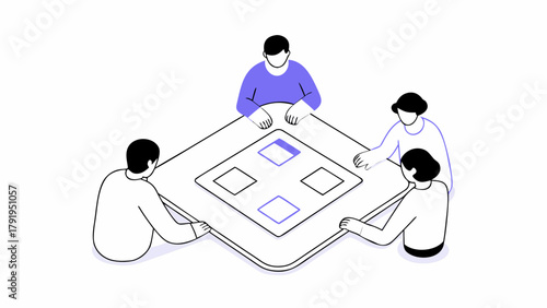 Illustration of four people sitting around a square table with four squares drawn on its surface