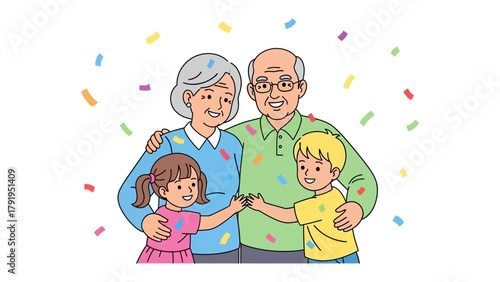 Generations of love and celebration: A heart warming illustration of a family surrounded by confetti ,representing joyful moments.