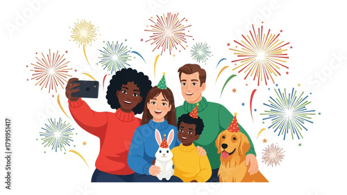 Joyful Family Celebration: A vibrant illustration captures a happy family moment. Capturing the essence of a joyous celebration, with fireworks illuminating the sky. A family takes a selfie.