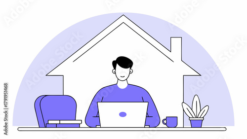 Illustration of a person working from home with a laptop, chair, plant and coffee cup on a desk