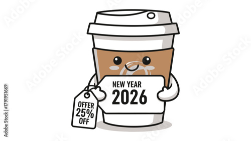 New Year Coffee 2026 Deal: An animated coffee cup mascot holds a promotional tag with New Year 2026 and a 25% Off offer, promising delightful savings for the upcoming year
