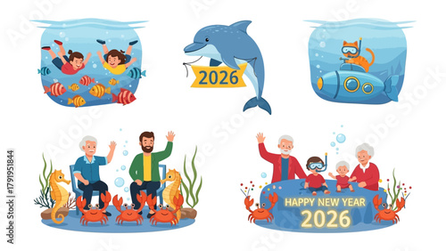 Underwater world 2026 illustrations: charming underwater illustrations depicting various creatures and scenes, accompanied by the new year 2026.