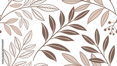 Botanical pattern with brown and beige leaves and berries on a white background is displayed here