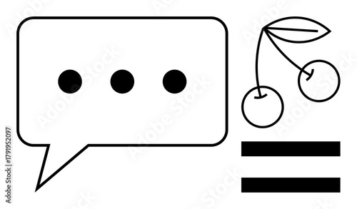 Speech bubble with ellipsis, pair of cherries, and equal sign in minimalist black outlines. Ideal for communication, equality, simplicity, fairness, relationships conversation creativity. Simple