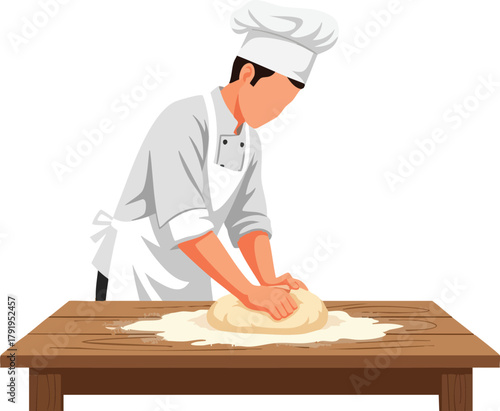 Chef Kneading Dough Expertly Preparing Bread on a Wooden Table, Culinary Arts & Baking Preparation