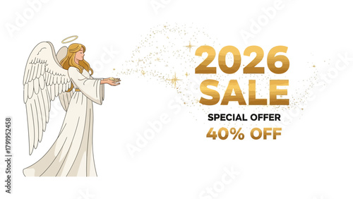 Angel and golden sale promo design: An angelic figure, accompanied by glittering sparkles, heralds a golden 2026 Sale with a special offer of 40% off.