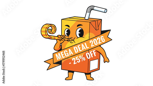 Juice Box Celebration: An adorable juice box character blows a party favor and promotes a Mega Deal 2026, celebrating a discount, perfect for joyful promotion and marketing campaigns. 