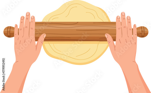 Baking Time Flattening Dough with a Wooden Rolling Pin