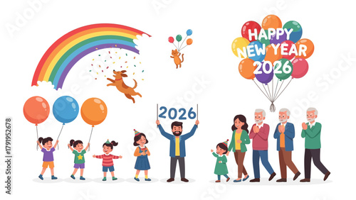 Joyful Celebration of the New Year 2026: A vibrant and colorful illustration of diverse individuals of all ages gather to celebrate the arrival of 2026, embracing a sense of hope, togetherness.