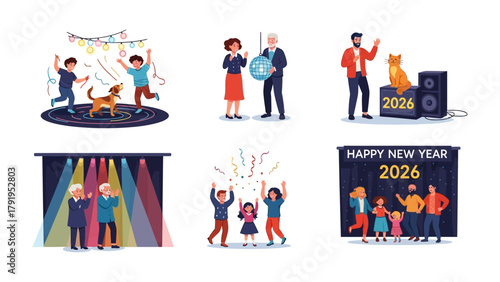 New Year's Eve Celebrations: diverse scenes, capturing the essence of togetherness, joy, and anticipation of the upcoming year, a vibrant ensemble of celebrations, reflecting unity and delight.