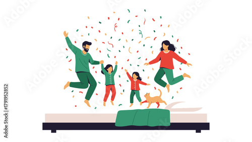 Family Celebration on Bed: A joyous family, including parents and children, celebrate by jumping on a bed while confetti rains down, creating a festive atmosphere of togetherness and fun.
