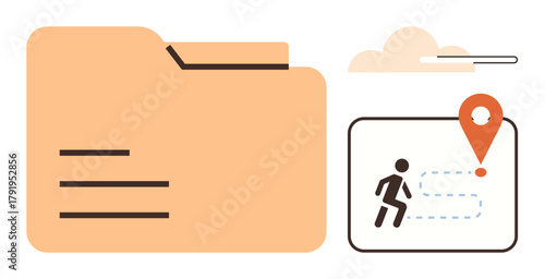 Large folder icon alongside path-dotted figure reaching destination marker. Ideal for file transfer, organization, navigation, tracking, data, cloud storage, workflow. Simple flat metaphor