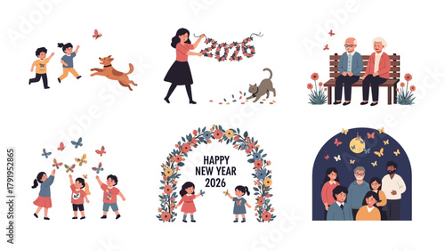 New Year 2026: A cheerful set of illustrations portraying different age groups celebrating the beginning of the new year with children, pets, parents and grandparents.
