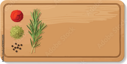 Culinary Composition Fresh Herbs and Spices on Wooden Board