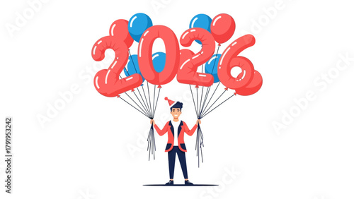 New Year's Celebration 2026: A person joyfully holds a cluster of balloons shaped as the number 2026, heralding a vibrant, festive start to the new year. 