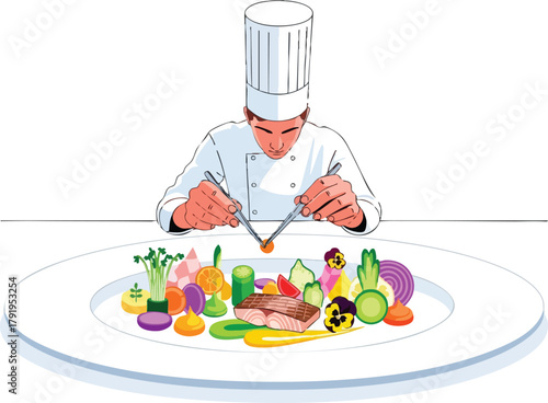 Chef Artistically Plating a Gourmet Dish with Precision and Care on a White Plate