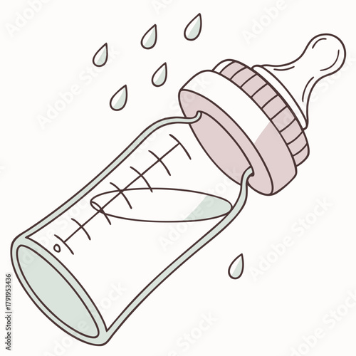 Illustration of a baby bottle with liquid and water drops