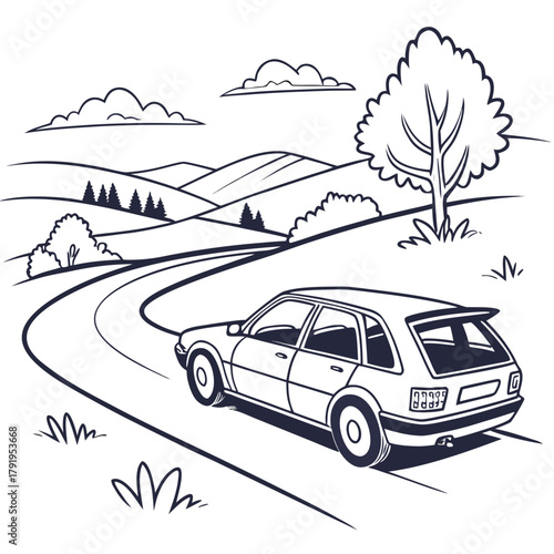 A car on a winding road with hills and trees
