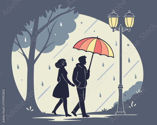 Couple walking in the rain under an umbrella near a lamppost