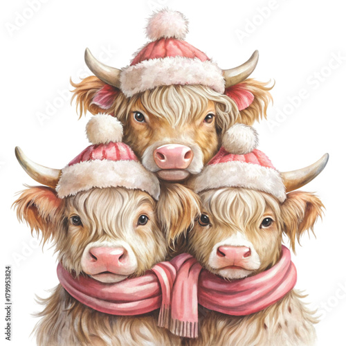 three cute highland cows stacked on top of each other clipart white background 