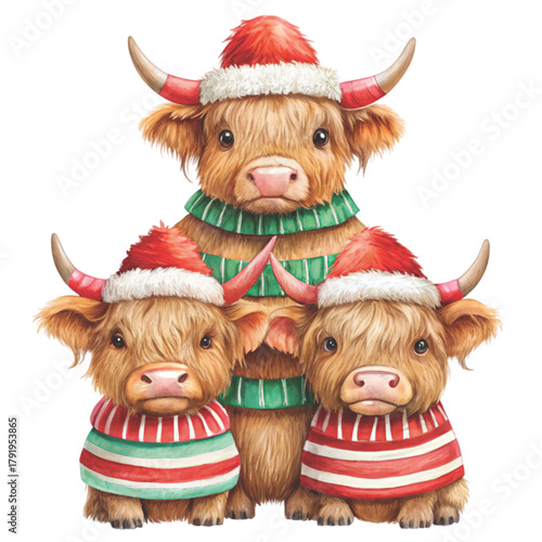 three cute highland cows stacked on top of each other clipart white background 