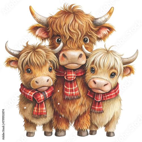 three cute highland cows stacked on top of each other clipart white background 
