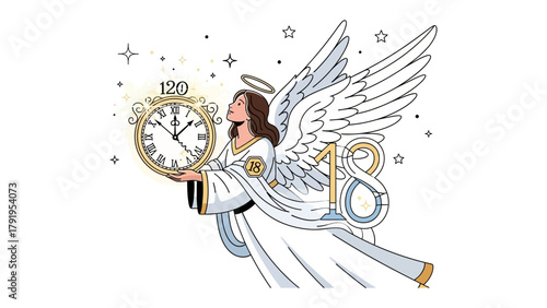Guardian Angel with Timeless Legacy: A celestial being, adorned with ethereal wings and a halo, tenderly cradles an ornate clock.