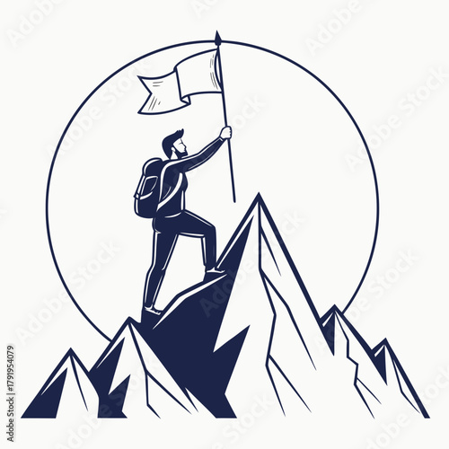 Man planting flag on mountain peak