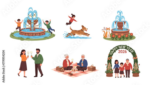 Harmony of Moments: A vibrant collage presents diverse scenes of togetherness, from playful fountain moments to joyful celebrations and serene picnics.