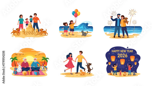 Φωτογραφία Joyful Moments: A collection of illustrations captures the essence of life's precious moments, from building sandcastles to celebrating new beginnings, showcasing togetherness and happiness