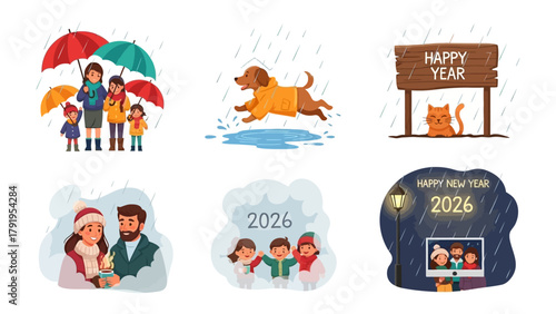 Illustrated Happy New Year: A vibrant collection of illustrations capturing the joy and warmth of New Year celebrations with families, pets, and festive settings.