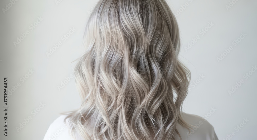 Fototapeta premium Elegant wavy blonde hair of female adult caucasian from back view