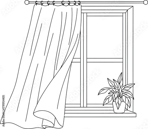 Open Window with Blowing Curtain and Potted Plant - Line Art Vector Illustration