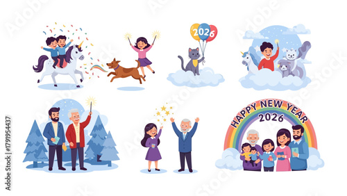 New Year's Celebration Illustrations: A vibrant collection of illustrations capturing the joy and anticipation of a fresh start, featuring children, pets, and families in a celebratory atmosphere.