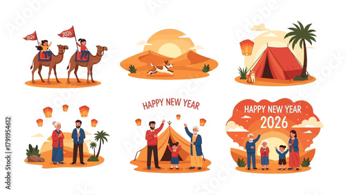 Celebration of life and new year. Illustration of people celebrating the holiday and happiness. The illustrations show people on camelback.