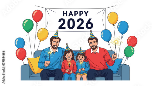 New Year Celebration 2026: A heartwarming illustration of a family, balloons and sparklers, celebrating New Year 2026. Capturing joy, togetherness and festive moments.