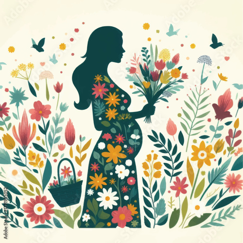 Floral silhouette of a pregnant woman holding a bouquet.