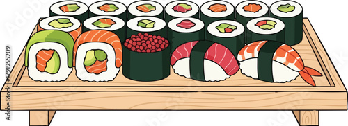Delicious Sushi Selection Assorted Rolls, Nigiri, and Maki on Wooden Plate Illustration