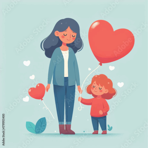 Mother and daughter holding heart balloons celebrating love and family bond.