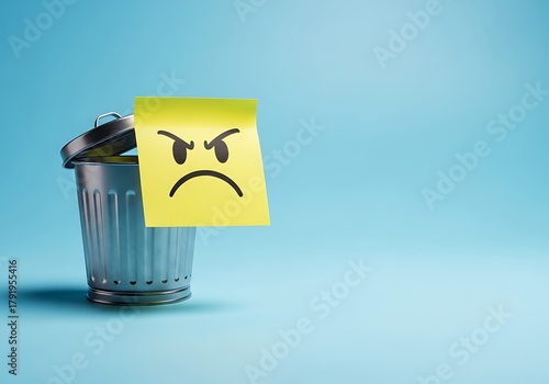 Wallpaper Mural Angry face on sticky note stuck to a trash can on a blue background Torontodigital.ca