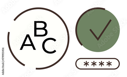 Alphabet letters, green checkmark, and password field with asterisks illustrating education, security, approval, data protection, digital login, authentication steps, and confirmation in a simple